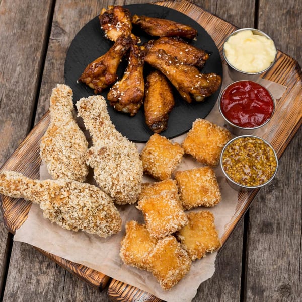 Brown's Chicken platter with fried chicken, wings, nuggets, and dipping sauces on a wooden table.