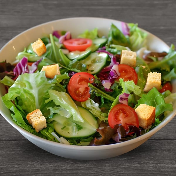 Fresh garden salad with mixed greens, sliced tomatoes, cucumbers, and croutons in a white bowl.